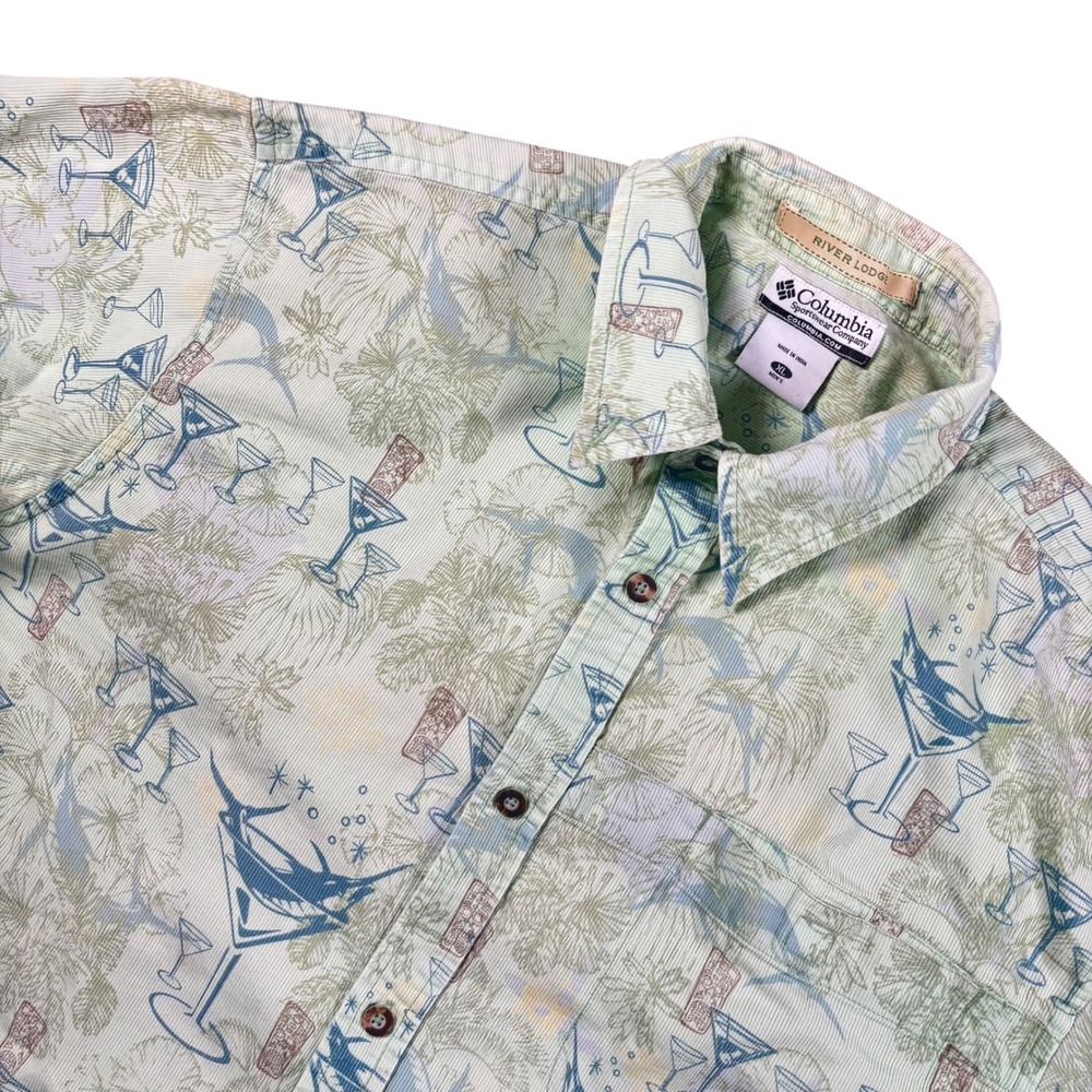 Columbia Button Down Shirt Mens XL Green Tiki Marlin River Lodge Vacation Summer